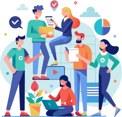 cartoon depiction of multiple people interacting with one another in a collaborative way