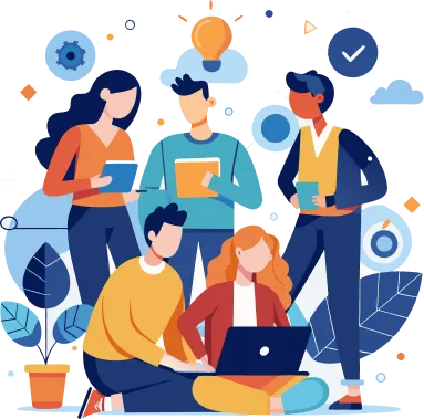 an artistic representation of a group of people accessing information on laptops and other mobile devices